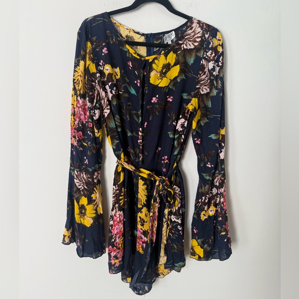 NWT XIX Palms Tuscany Bright Floral Keyhole Bell Sleeve Boho Retro Romper